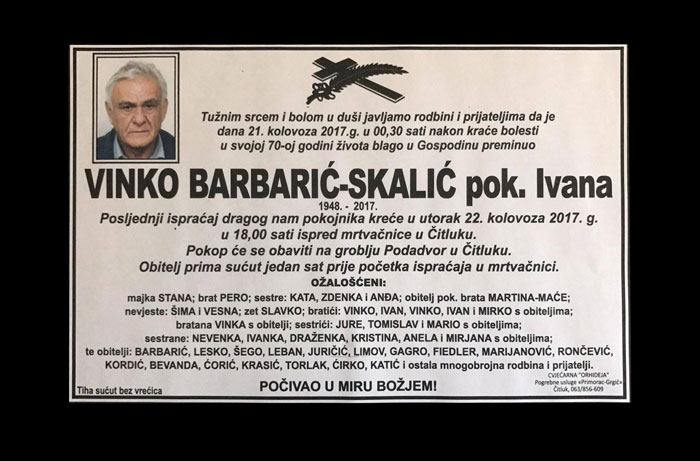 Obavijest o smrti: VINKO BARBARIĆ – SKALIĆ pok. Ivana (1948.-2017.)