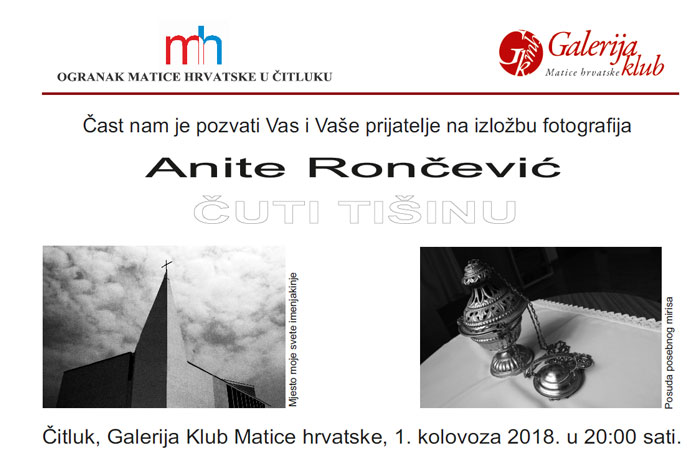 Večeras u Čitluku izložba  “Čuti tišinu” autorice Anite Rončević