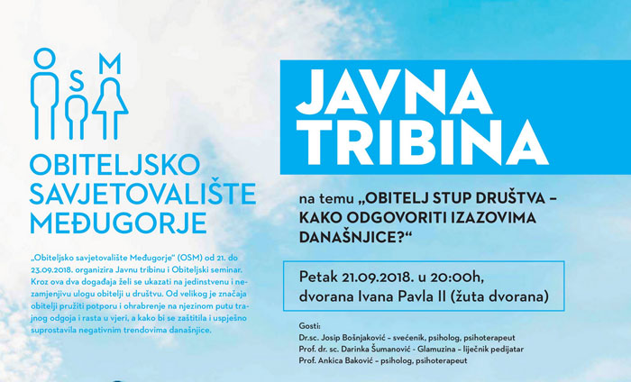 Javna tribina „Obitelj stup društva – kako odgovoriti izazovima današnjice?” večeras u 20 sati u Međugorju
