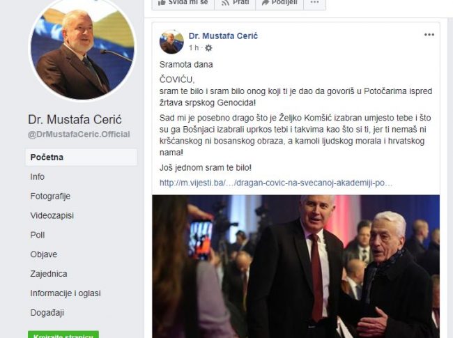 Cerić: Drago mi je što su Bošnjaci izabrali Komšića