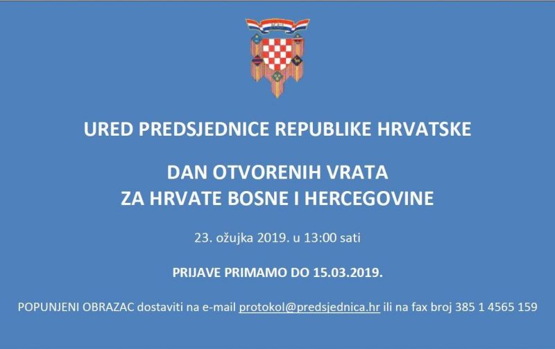 Hrvati iz BiH 23. ožujka mogu posjetiti Ured predsjednice RH