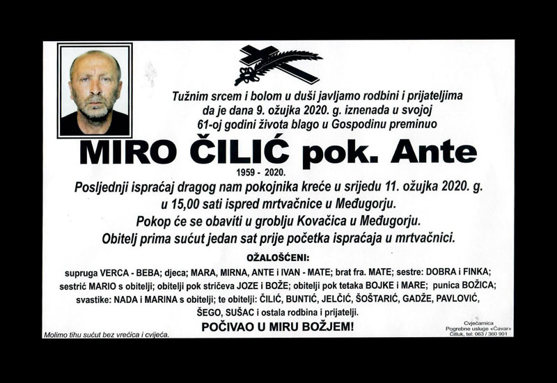 Obavijest o smrti: MIRO ČILIĆ pok. Ante (1959.-2020.)