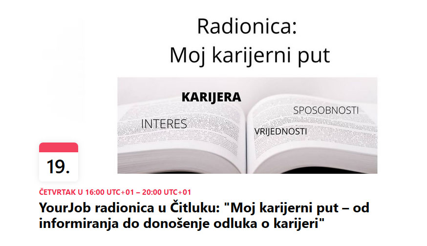 Poziv na besplatnu radionicu “Moj karijerni put – od informiranja do donošenje odluka o karijeri”