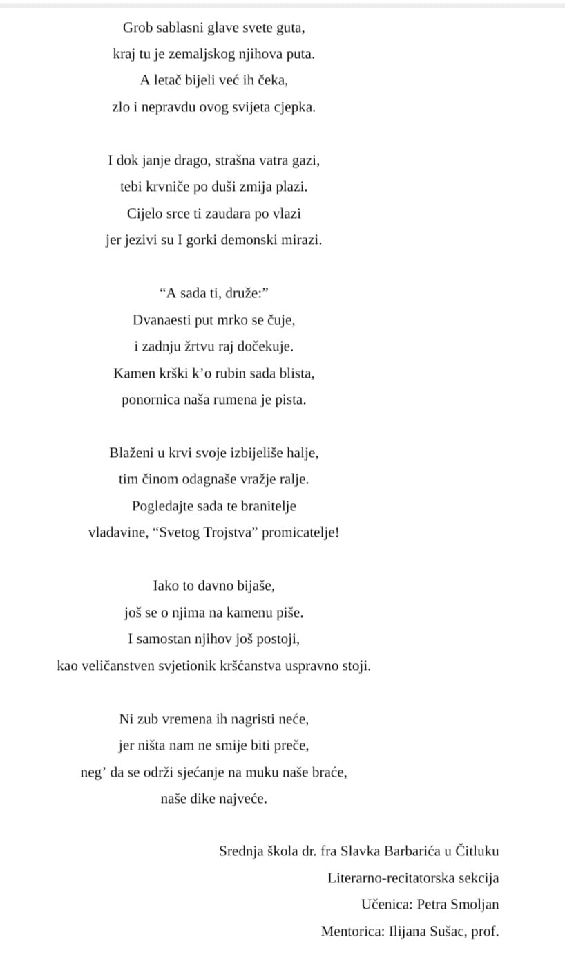 Petra Smoljan nagrađena drugim mjestom za svoju pjesmu „A sada ti, druže“