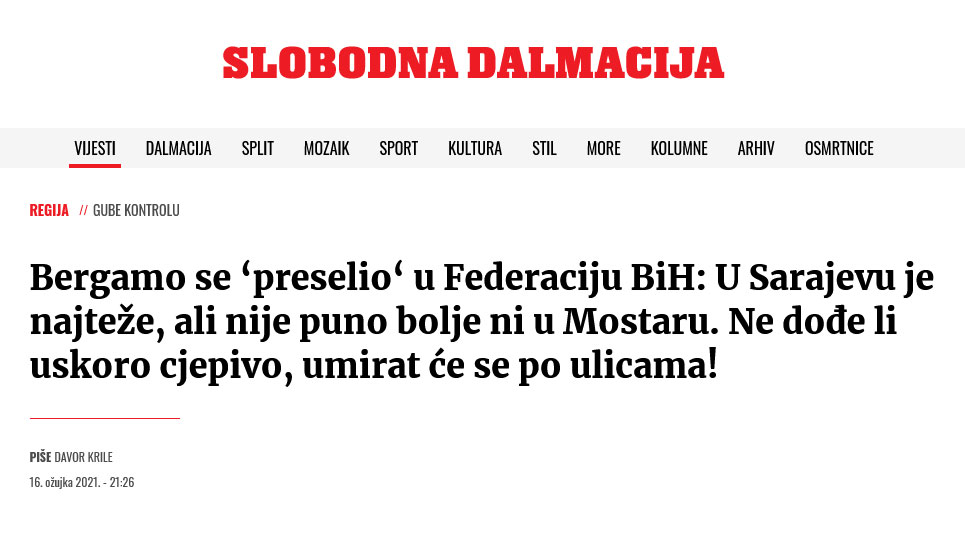 SLOBODNA DALMACIJA Bergamo se ‘preselio‘ u FBiH: Ne dođe li uskoro cjepivo, umirat će se po ulicama!