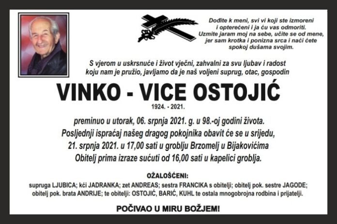 Danas posljednji ispraćaj Vinka Vice Ostojića