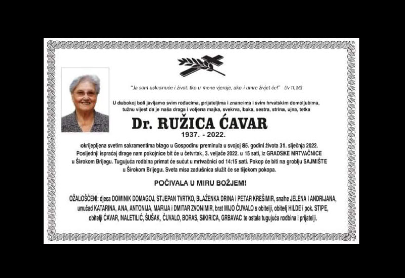 Preminula Ružica Ćavar – osnivačica Hrvatskog pokreta za život i obitelj