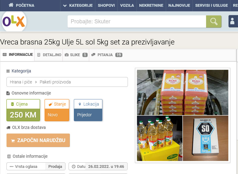 Na olx.ba se prodaje “set za preživljavanje”: Ulje, brašno, sol…
