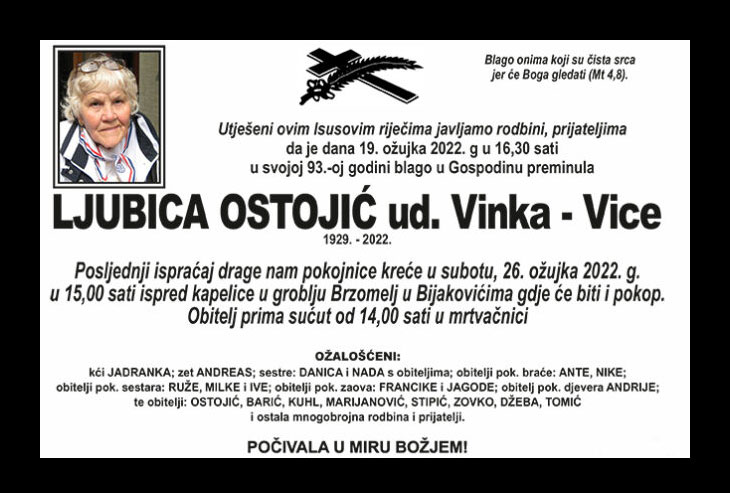 Preminula Ljubica Ostojić, udova hrvatskog domoljuba Vinka Vice Ostojića