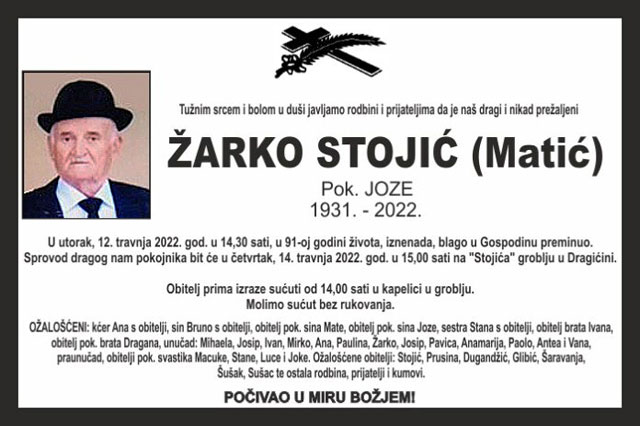 Preminuo Žarko Stojić – Matić, otac haškog uznika Brune Stojića