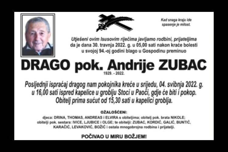 Preminuo Drago Zubac, domoljub i emigrant