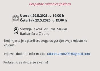 Besplatne radionice folklora u Čitluku: „Brot­njo kroz objektiv mladih istraživača”