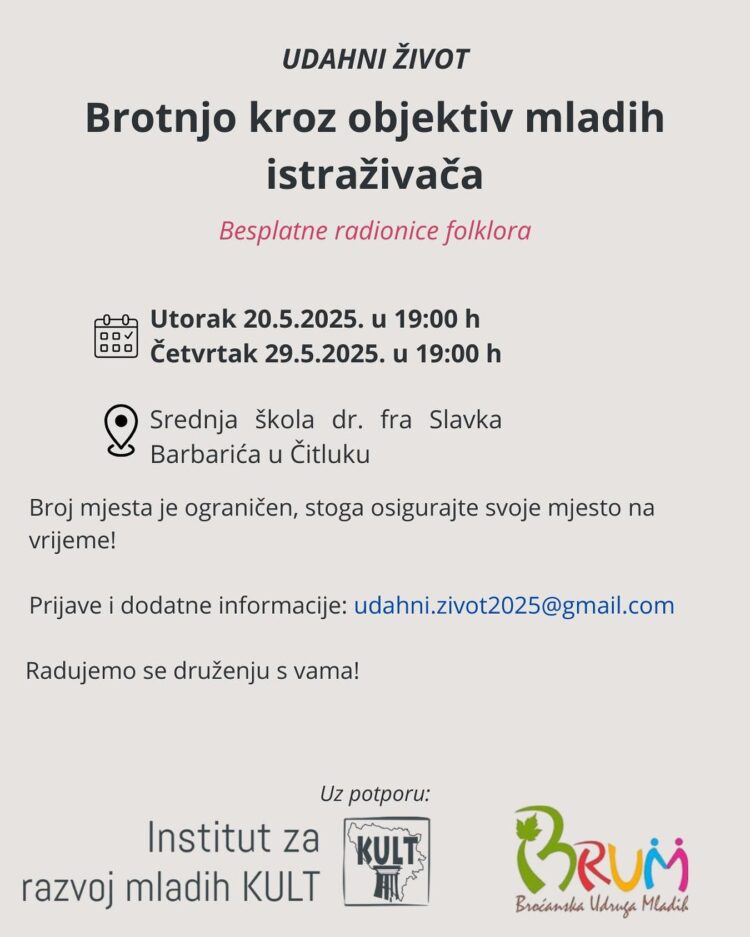 Besplatne radionice folklora u Čitluku: „Brotnjo kroz objektiv mladih istraživača”