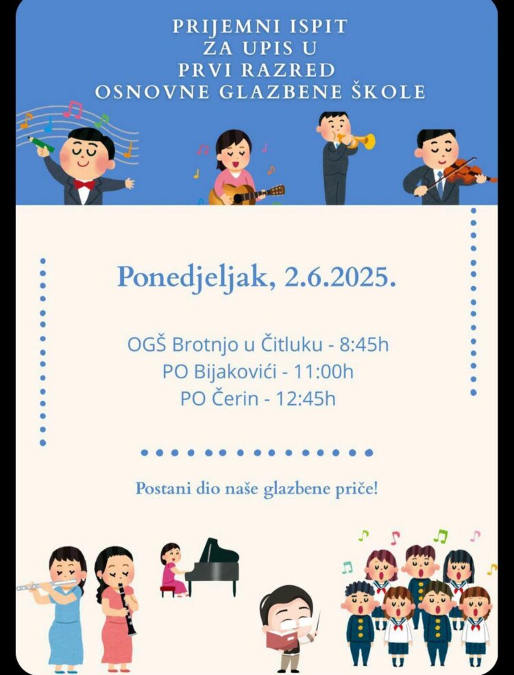 OGŠ Brotnjo: Raspored prijemnih ispita za upis u prvi razred