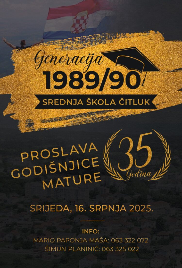 Obavijest o proslavi 35. obljetnice mature 13. generacije maturanata Srednje Škole Čitluk