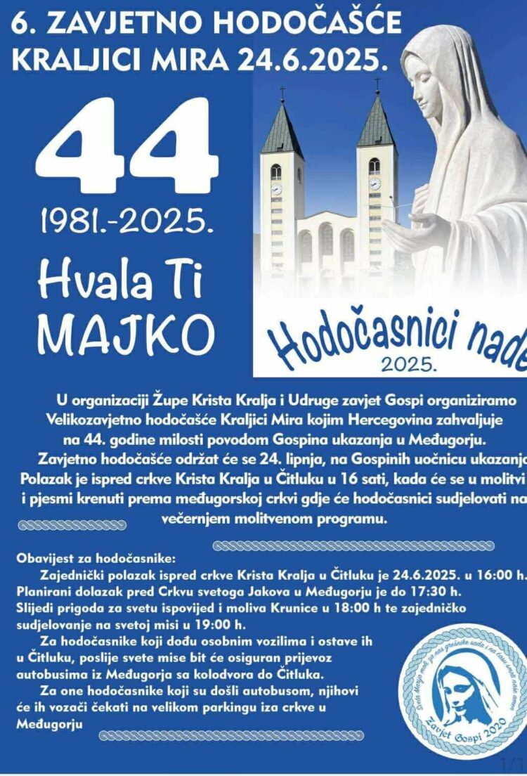 6. Zavjetno hodočašće Kraljici Mira iz Čitluka – 24.lipnja 2025.