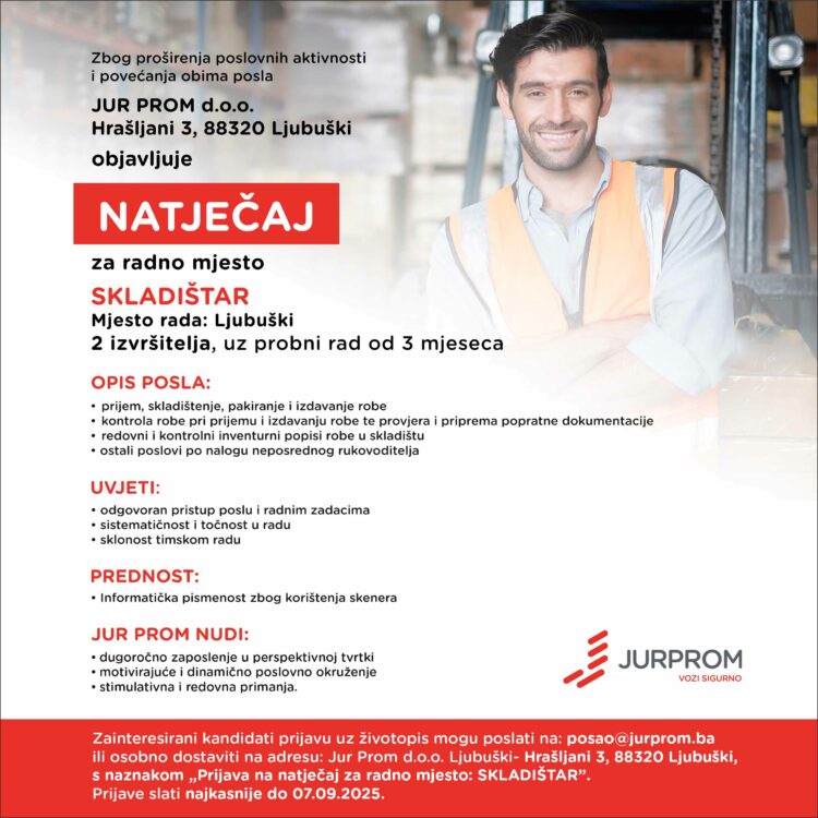 JUR PROM d.o.o. – Natječaj za posao