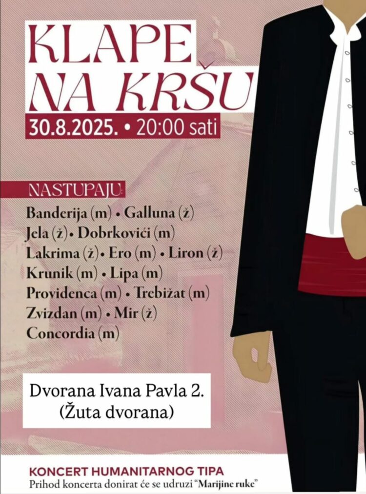 Obavijest: “Klape na kršu” zbog najavljenog lošeg vremena održat će se u Dvorani Ivana Pavla II.