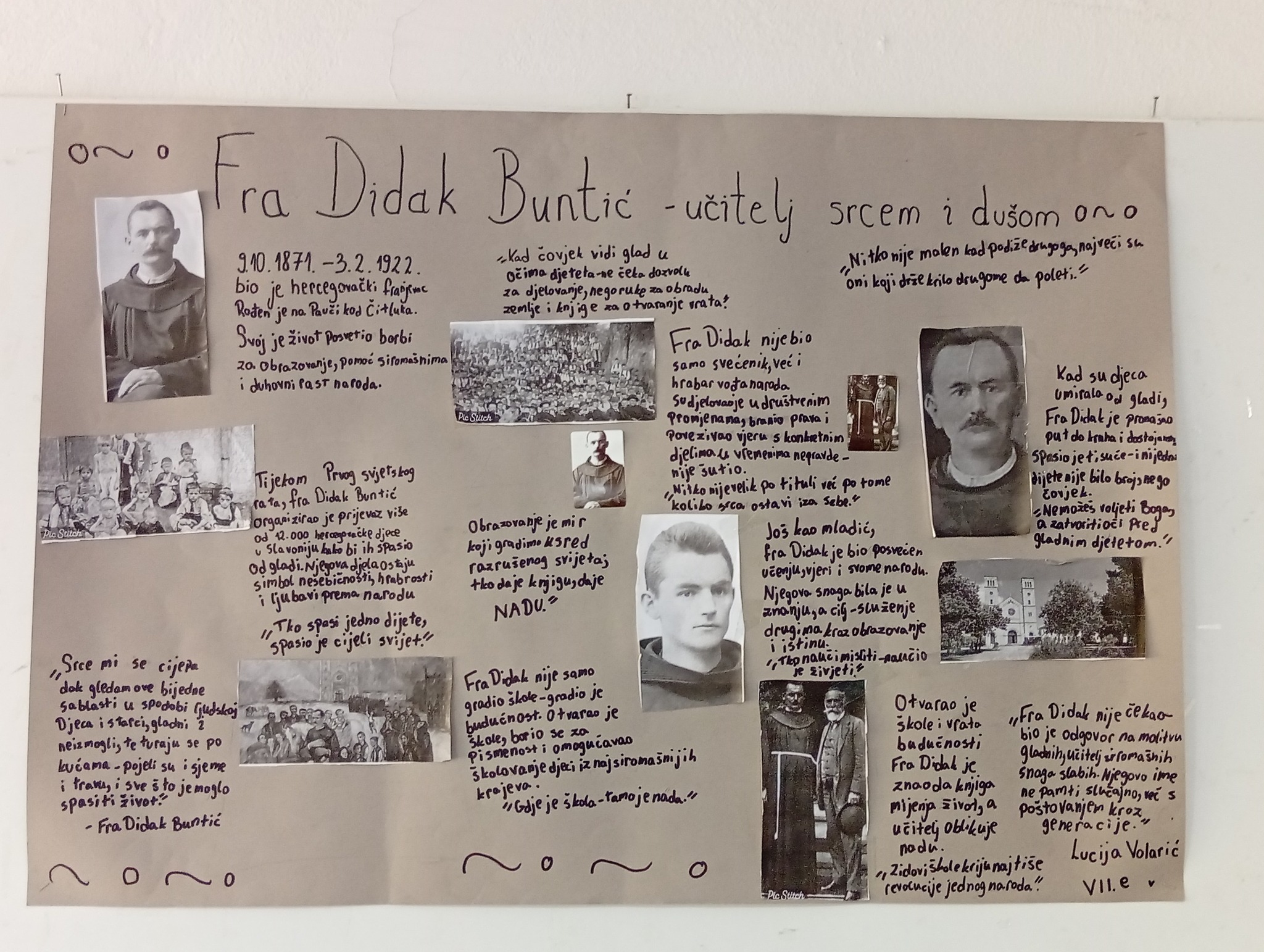 OŠ fra Didaka Buntića Čitluk: Lucija Volarić izradila prigodan plakat u čast velikanu po kojem ova škola nosi ime OŠ fra Didaka Buntića Čitluk: Lucija Volarić izradila prigodan plakat u čast velikanu po kojem ova škola nosi ime