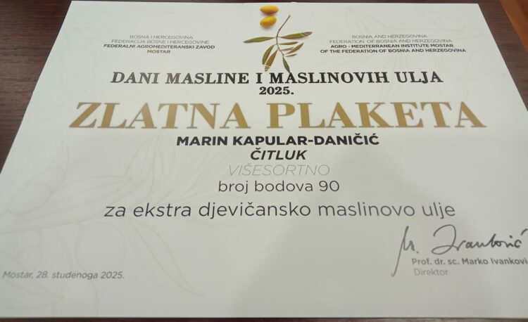 Brotnjaci nagrađeni zlatnim plaketama kvalitete ekstra djevičanskih maslinovih ulja Hercegovine