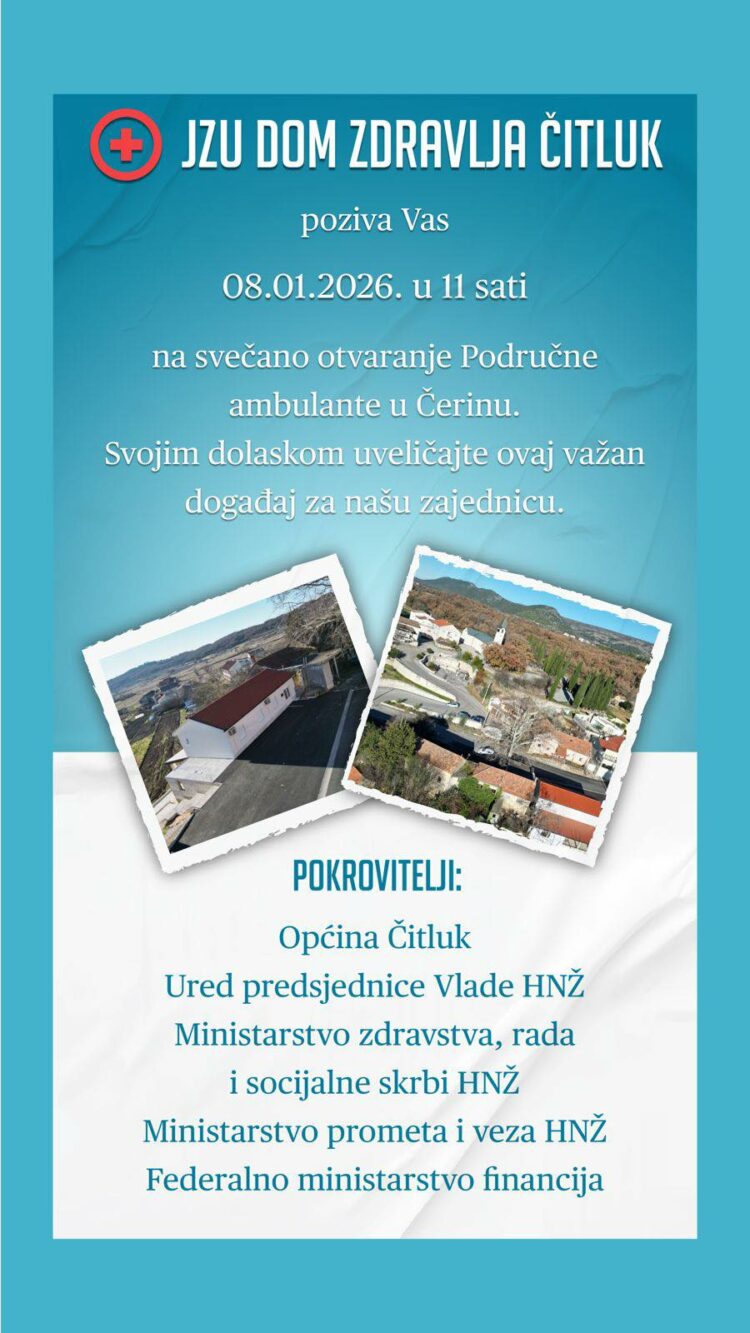 Najava: Svečano otvaranje Područne ambulante u Čerinu