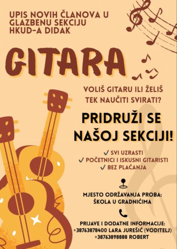 Pridruži se glazbenoj sekciji HKUD-a Didak: Upis novih članova na sate gitare!