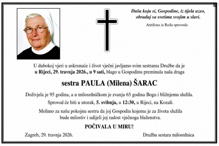 Preminula sestra Paula (Milena) Šarac iz Služnja