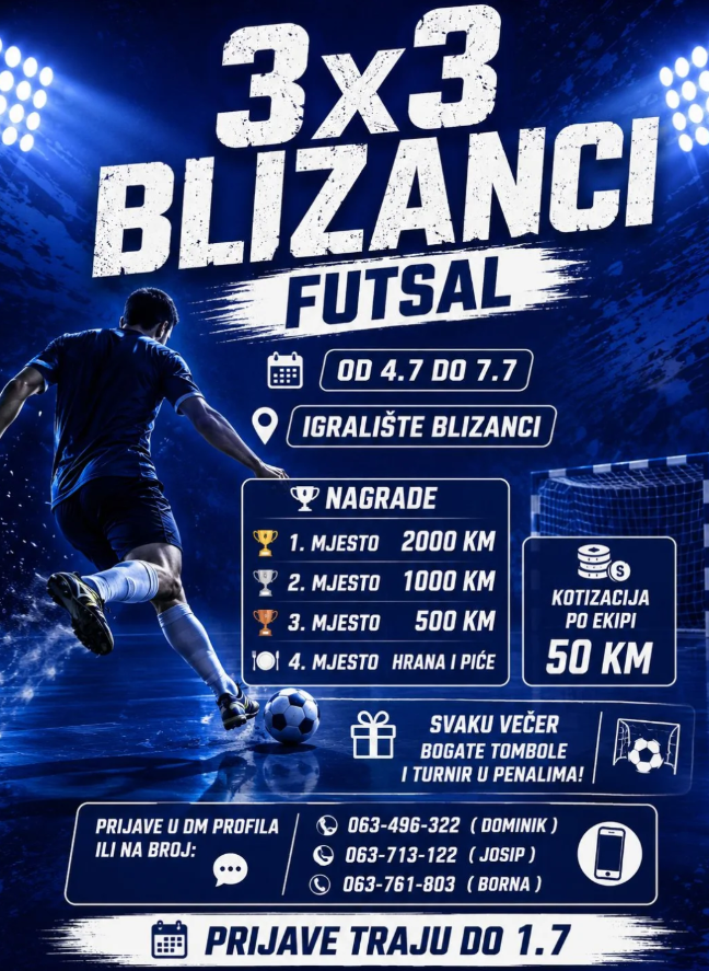 Najava: I. futsal turnir „3×3 Blizanci“ od 4. do 7. srpnja
