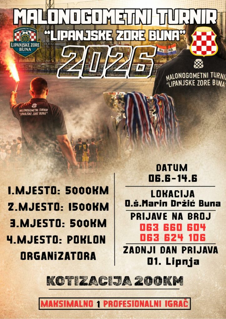 Najava: Malonogometni turnir „Lipanjske zore Buna 2026.“ od 6. do 14. lipnja
