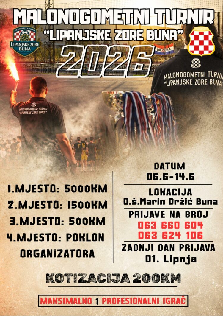 Najava: Malonogometni turnir „Lipanjske zore Buna 2026.“ od 6. do 14. lipnja