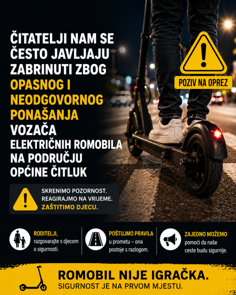 POZIV NA OPREZ Električni romobil nije igračka – sve više opasnih situacija na području općine Čitluk