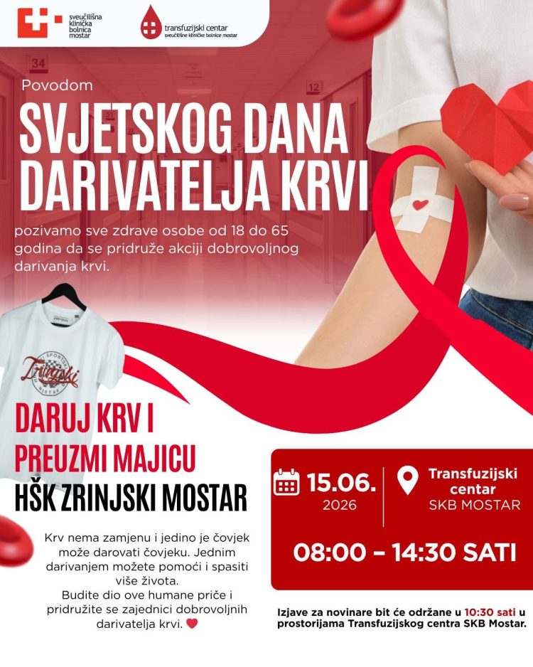 Povodom Svjetskog dana darivatelja krvi: Akcija dobrovoljnog darivanja u SKB Mostar