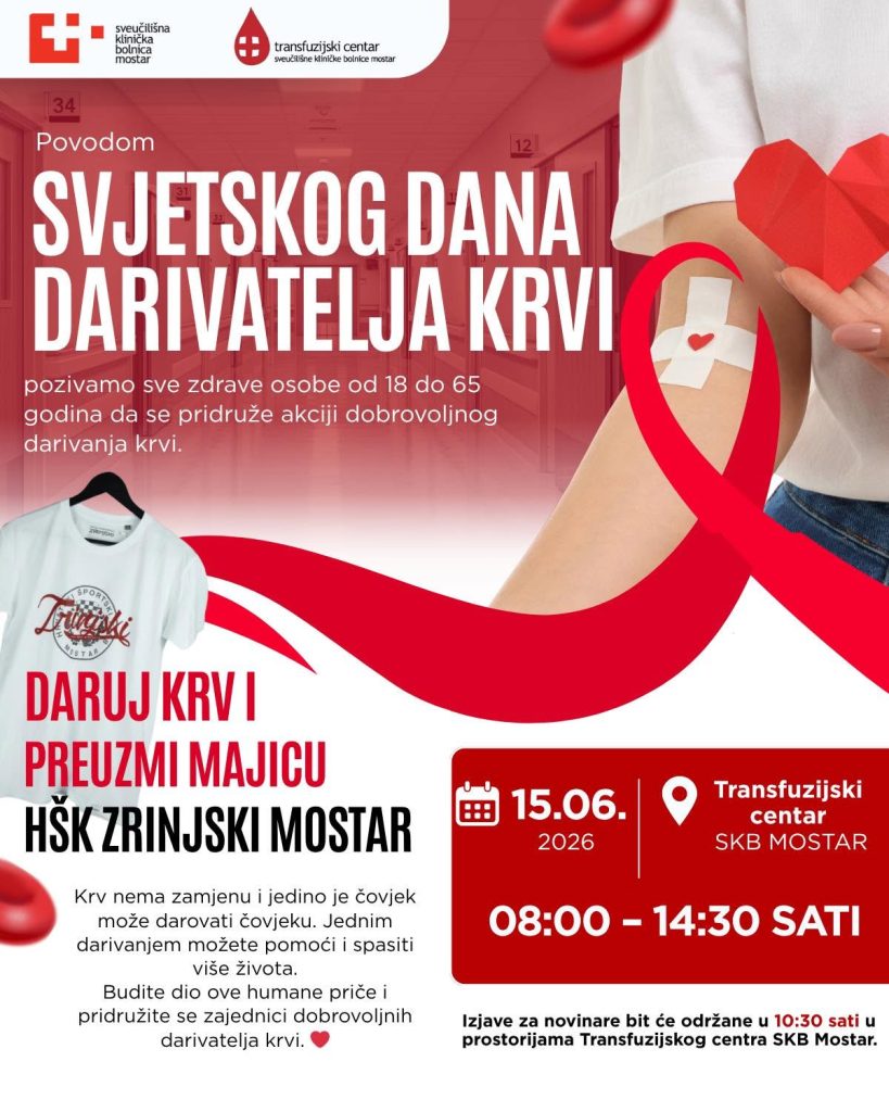 Povodom Svjetskog dana darivatelja krvi: Akcija dobrovoljnog darivanja u SKB Mostar