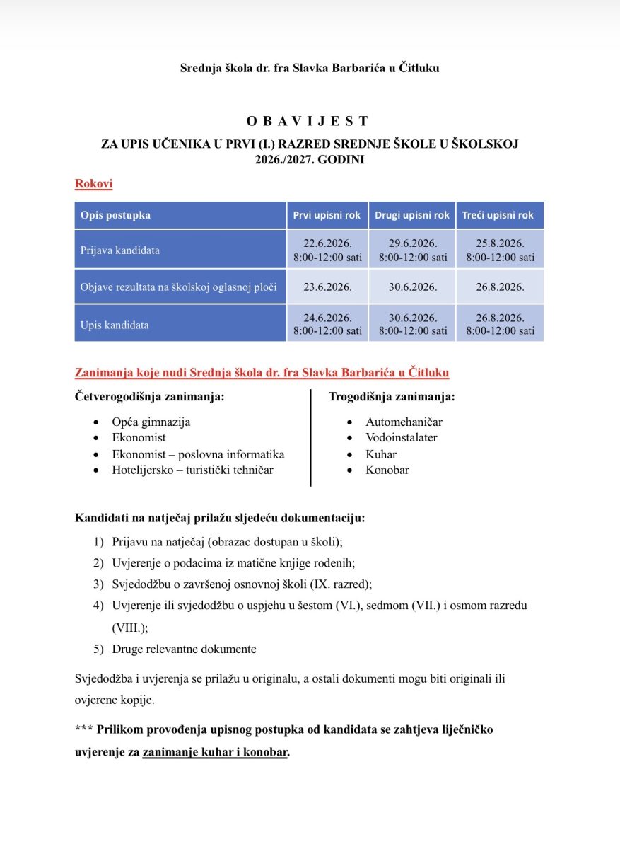 SŠ DR. FRA SLAVKA BARBARIĆA Natječaj za upis redovitih učenika u prvi razred srednje škole SŠ DR. FRA SLAVKA BARBARIĆA Natječaj za upis redovitih učenika u prvi razred srednje škole