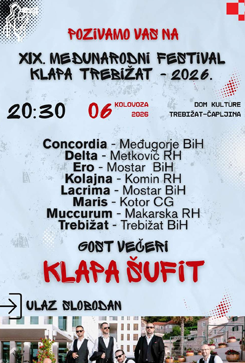 XIX. MEĐUNARODNI FESTIVAL KLAPA TREBIŽAT | Večer klapske pjesme uz nastup klape Šufit