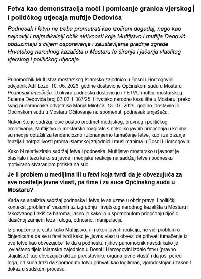 HNK Mostar odgovorio Muftijstvu: Fetva otvara ozbiljna pravna pitanja HNK Mostar odgovorio Muftijstvu: Fetva otvara ozbiljna pravna pitanja