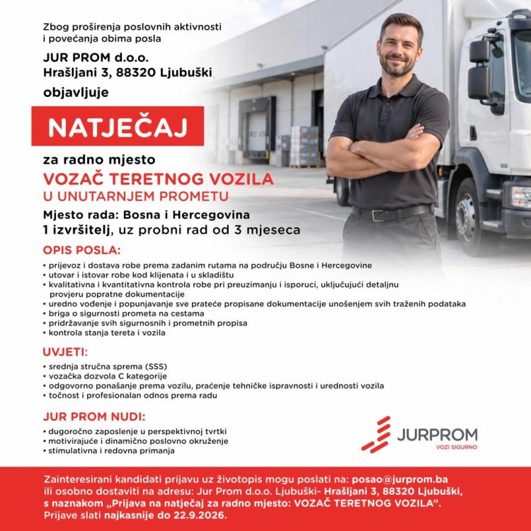 JUR-PROM ZAPOŠLJAVA│ Natječaj za posao vozača teretnog vozila u unutarnjem prometu