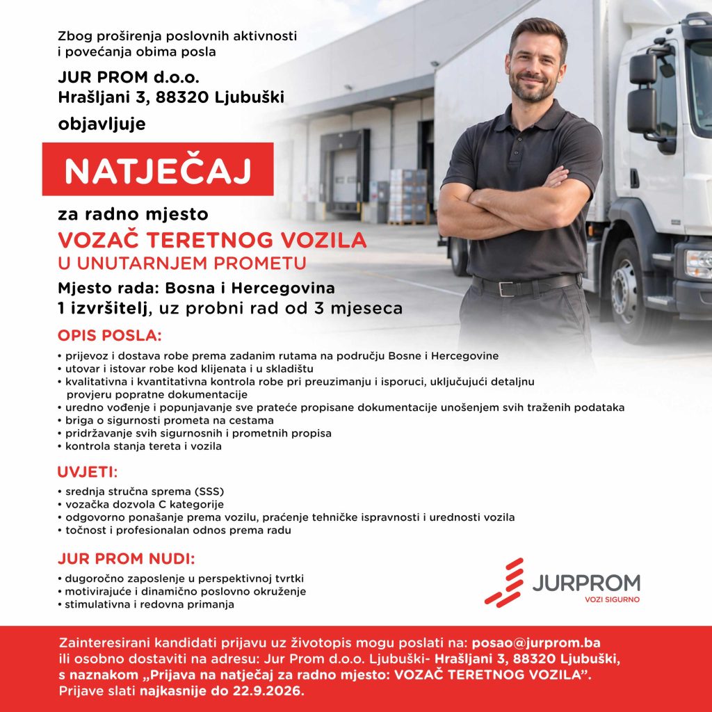 JUR-PROM ZAPOŠLJAVA Natječaj za posao vozača teretnog vozila u unutarnjem prometu