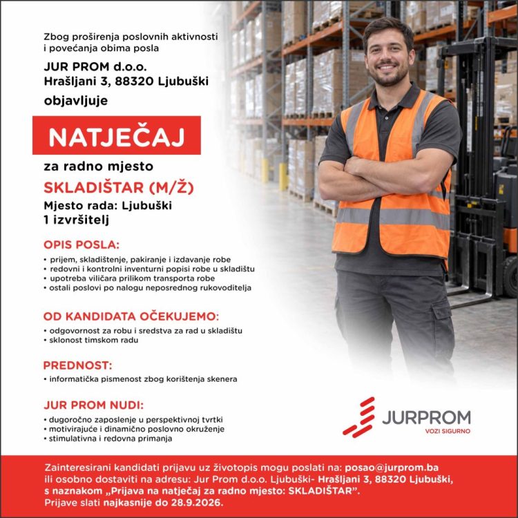 JUR-PROM │Natječaj za radno mjesto skladištara