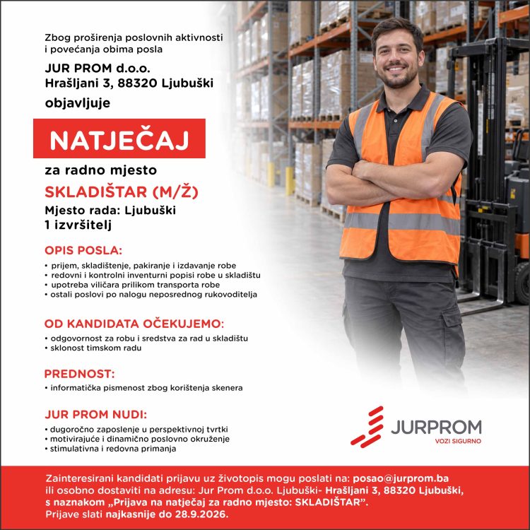 JUR-PROM │Natječaj za radno mjesto skladištara