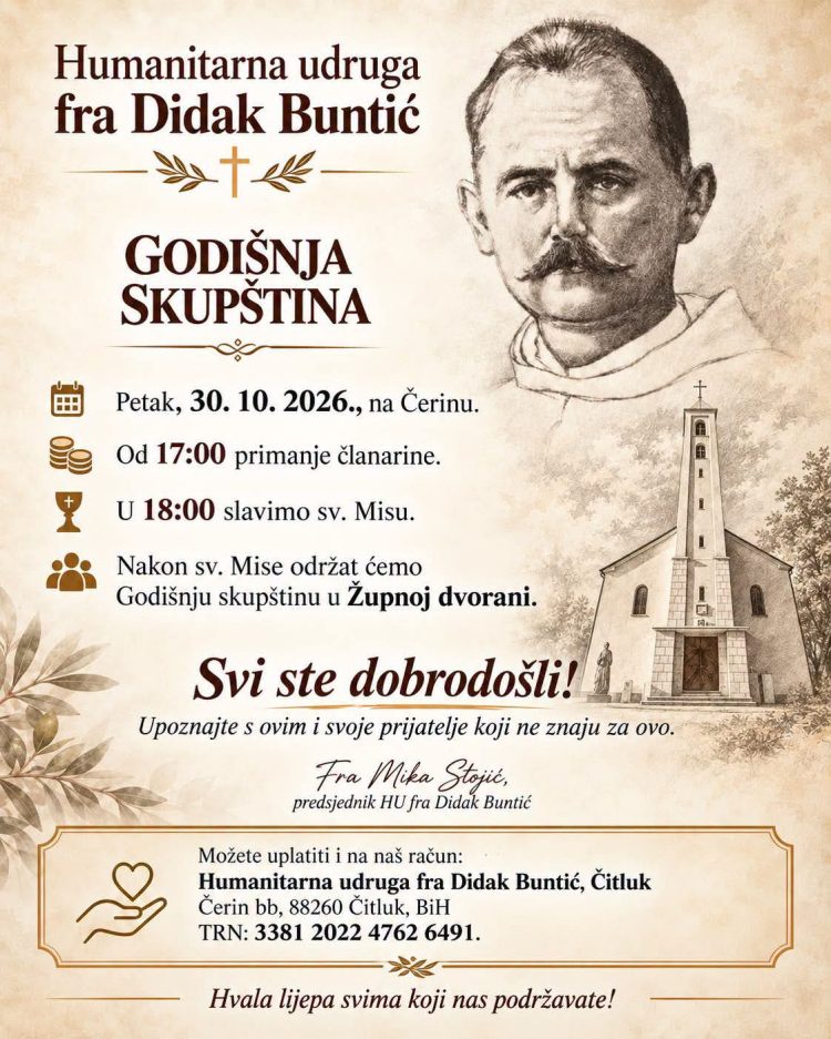 Humanitarna udruga fra Didak Buntić poziva na Godišnju skupštinu na Čerinu