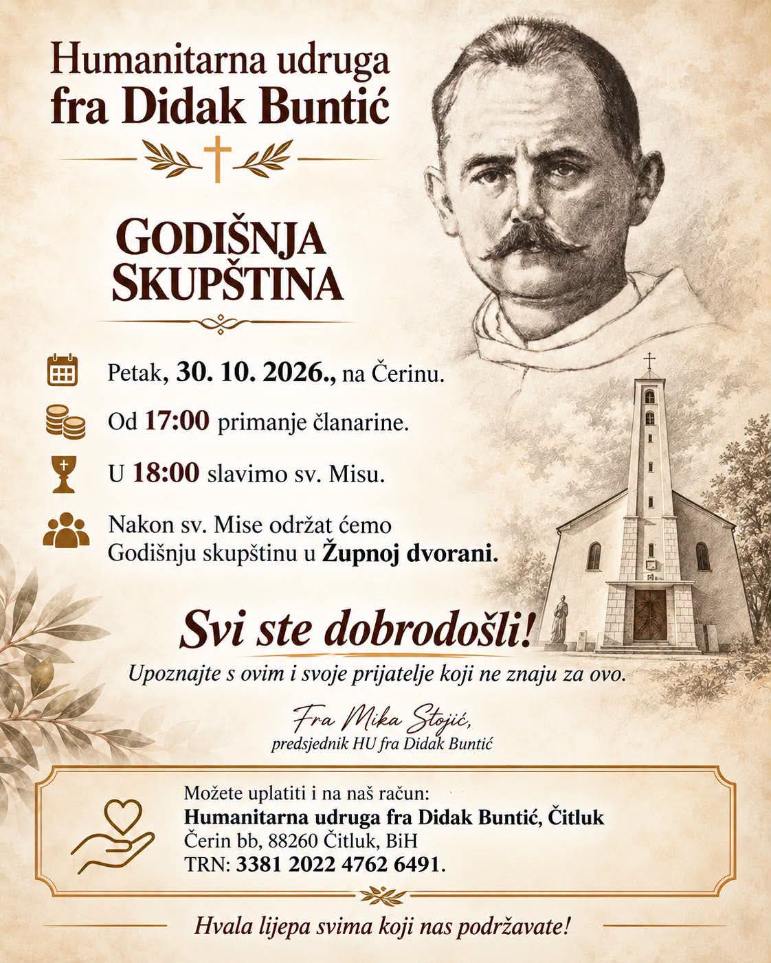 Humanitarna udruga fra Didak Buntić poziva na Godišnju skupštinu na Čerinu Humanitarna udruga fra Didak Buntić poziva na Godišnju skupštinu na Čerinu