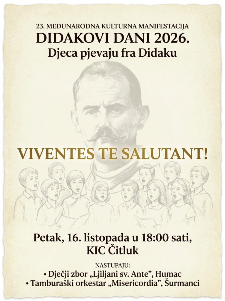 ČITLUK: U petak glazbena večer „Djeca pjevaju fra Didaku” u sklopu Didakovih dana 2026.