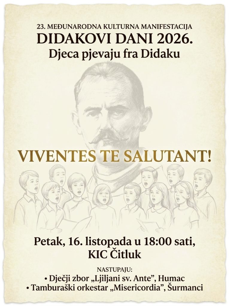 ČITLUK: U petak glazbena večer „Djeca pjevaju fra Didaku” u sklopu Didakovih dana 2026.